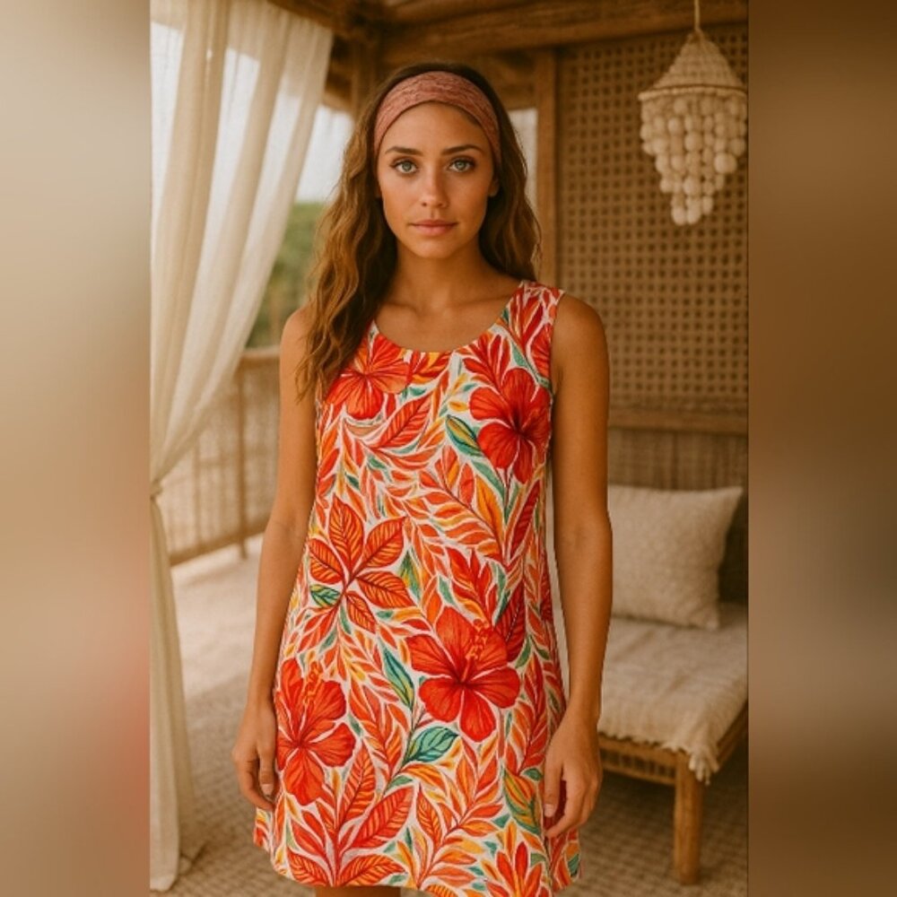 C&C California 100% Linen Floral Swing Dress with key hole pockets Size Small